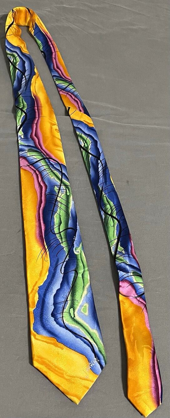 J. Garcia Watercolor Collection Liquid Torso Silk Tie Woven Abstract Gold Blue